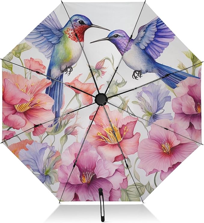 Automatic Folding Umbrella Windproof Strong, UV Protection Compact Floral Hydrangea Hummingbird Sun Rain Sun Rain Travel Umbrellas for Women Men