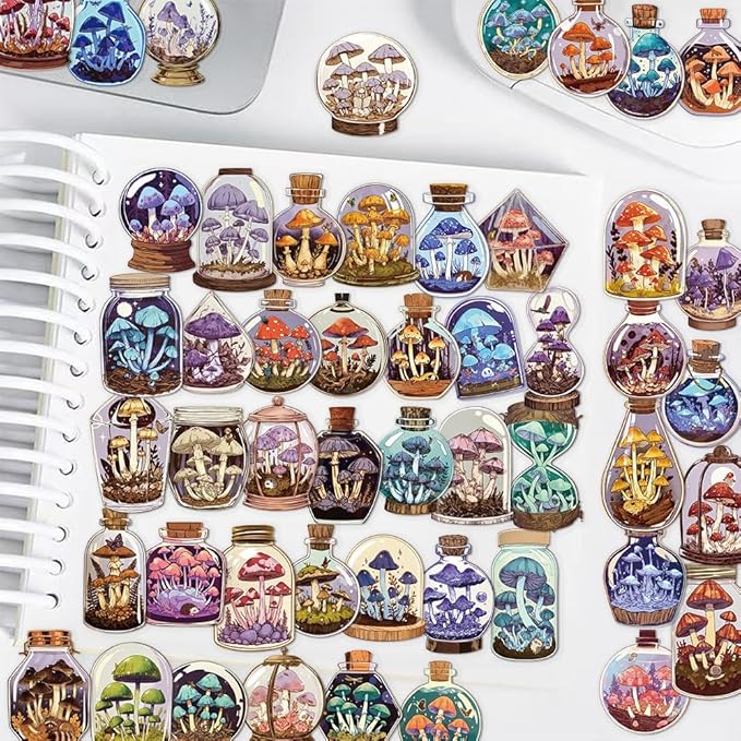 50 Pcs Vintage Mushroom Jar Stickers, Transparent Cartoon Aesthetic Stickers, Waterproof PET Vinyl Decals for Scrapbooking, Journaling, Laptop, Water Bottle, Phone Case Decoration