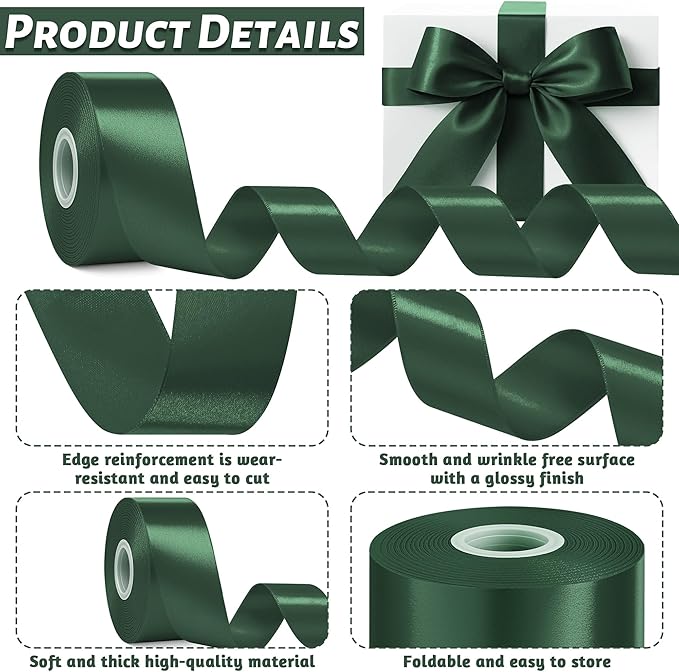 Fullive Ribbon for Gift Wrapping, 1 1/2 Inch 30 Yards Dark Green Ribbon, Polyester Ribbons for Flower Bouquet for St. Patrick's Day Christmas Decorations DIY Bows Wrapping Bouquet Floral Arrangements
