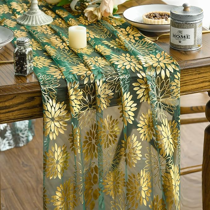 Artoid Mode 3PCS Green Gold Dahlia Flower Gauze Table Runner 120 Inch 10FT, Glitter Metallic Foil Seasonal Sheer Dining Holiday Table Decor for Home Party