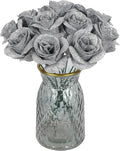 30PCS Silver Roses Artificial Flowers Fake Glitter Roses Silk Flower for DIY Crafts Wedding Bouquet Party Home Decor(Silver)