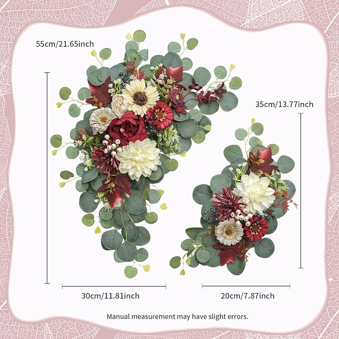 Artificial Wedding Arch Flowers for Wedding Sign,Set of 2 for Wedding Welcome Ceremony Sign,Faux Floral Swags,Wedding, Banquet and Reception Backdrop Floral Decoration (White Red)