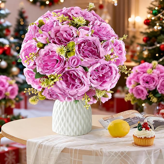 12 Packs Artificial Peonies Silk Flowers: Faux Peony Bouquet 12 Bundles, Fake Peonies Flowers Bulk for Centerpiece Table Wedding Party Home Decor for Christmas Decoration (Light Purple)