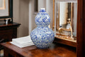 16" Classic Blue and White Porcelain Gourd-Shaped Vase, China Ming Style, Good Fortune, Fengshui, Jingdezhen