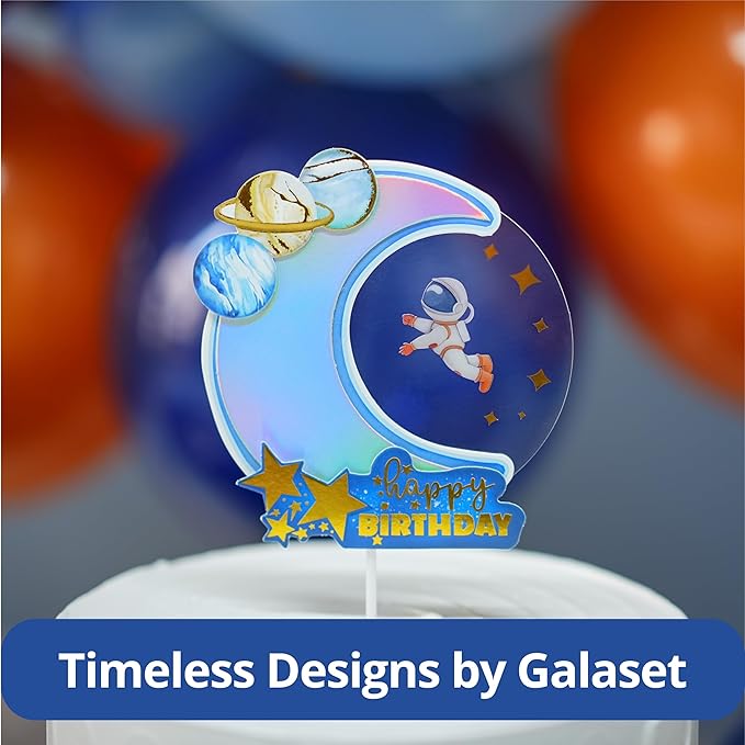 129 PCS Space Birthday Decorations – Includes Moon, blue and gold Balloon Arch Kit, Pump, Cake Topper, Paper Plates, Napkins, Bamboo Forks, and Banner – Outer Space Party Decorations, Serves 20 Guests