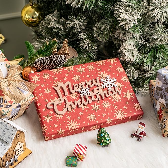 RUSPEPA Christmas Wrapping Paper, Kraft Paper - Dove, Snowflake, Flower, and House - 4 Rolls - 30 inches x 10 feet per Roll