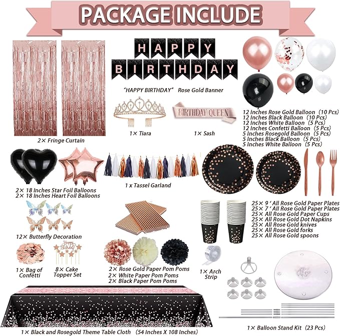 295 Pcs Black And Rose Gold Birthday Decorations, Birthday Decorations for Women or Girl Kit- Disposable Dinnerware Set with 25 Guest, Balloons, Sash, Tiara, Banner, Paper Pom Poms
