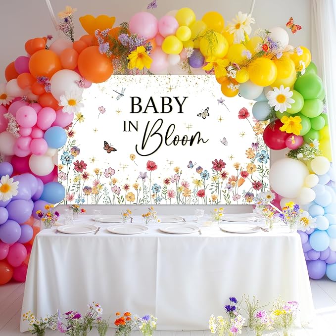 Avezano Wildflower Baby in Bloom Backdrop Banner Wildflower Baby Shower Party Decorations for Girls Gold Glitter Butterfly Spring Floral Baby in Bloom Party Supplies (6x3.6ft)