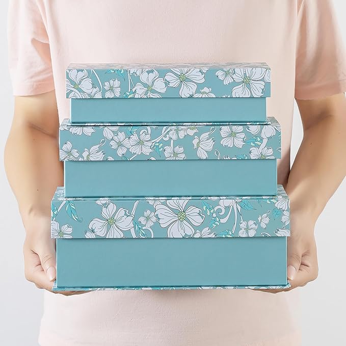 Soul & Lane Decorative Storage Boxes with Lids, Set of 3 Cardboard Boxes for Home Décor and Documents, Memory Organizers for Keepsakes with Magnetic Closure, Photo Storage, Blue Botanical