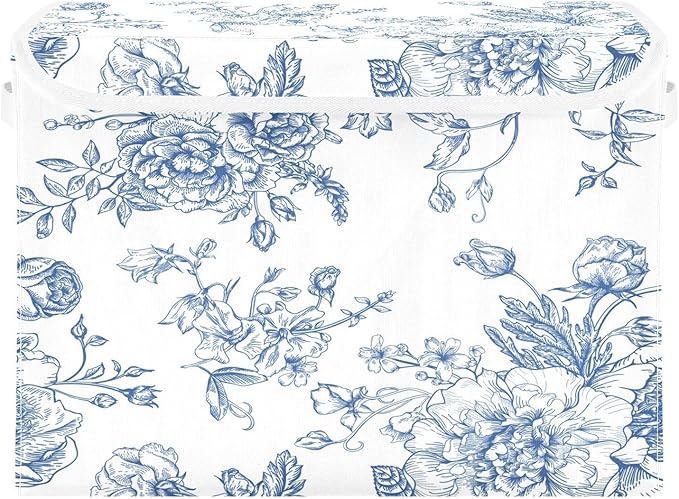 susiyo Bouquet Of Blue Flowers Floral Storage Bin Large Collapsible Storage Box Stackable design Fabric Storage Bins with Lids Decorative Multi-Color Foldable Organizing Baskets For Closet, Utility Ro