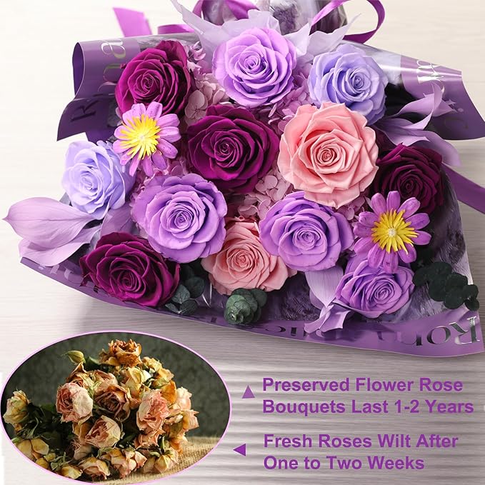 Flowers for Delivery Birthday Flowers Gift for Her,Preserved Flowers Bouquet 12 Roses Mixed Bouquet,Rose Gifts for Women Mom Grandma(Mixed 12 Lilac Roses)