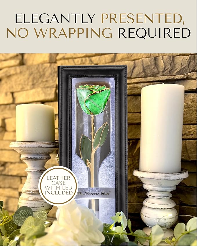 Forever Rose Hand-Dipped in 24K Gold, Peridot-Inspired August Birthstone with Sparkles, Real Rose in Leather Case with LED Light – Perfect Ready to Gift for August Birthday or Any Occasion