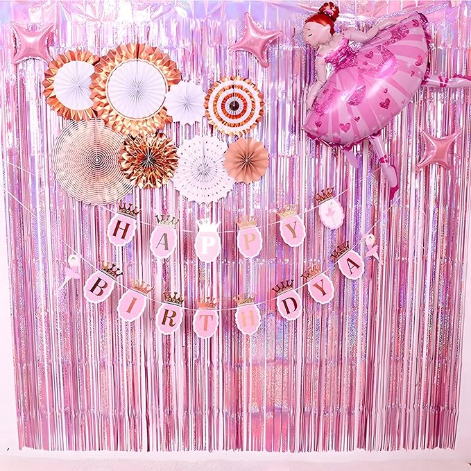 BRAVESHINE 1 Purple 1 Pink Streamers Party Backdrop - 3.2 ft x 8.2 ft Metallic Tinsel Foil Fringe Curtains for Hunters/Christmas/Girl/Women/Birthdays/Engagement/Bridal Shower/Bachelorette Decorations