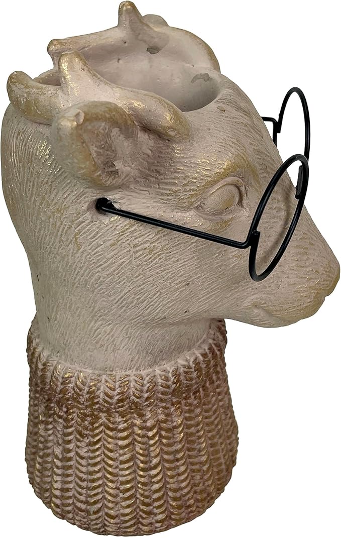 Bespectacled Deer Cement Vase 8.7 Inch - Gold Accents, Knit Scarf, Real Wire Glasses, Whimsical Animal Planter, Distressed Taupe Decorative Vase for Indoor Plants, Unique Gift - Home or Office