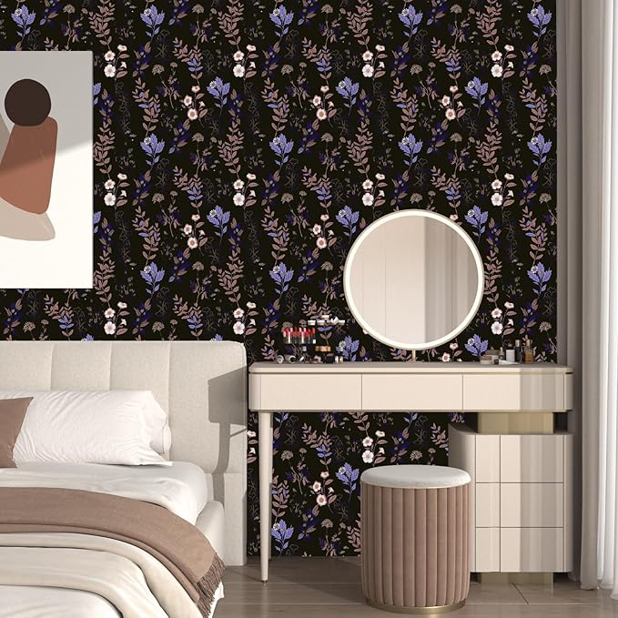 Black Floral Wallpaper Peel and Stick Purple Leaf Contact Paper 17.4" X 118" Moody Dark Wallpaper Waterproof Self-Adhesive Vintage Wall Covering for Bedroom Countertop Desk Cabinets Decor