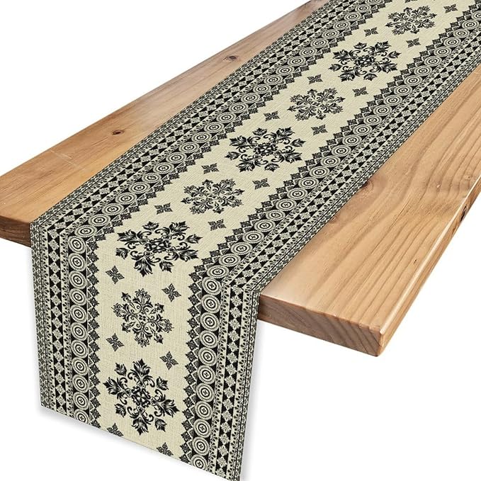Black Paisley Table Runner, Vintage Damask Antique Floral Flower Retro Boho Swirled Print Table Center Decor for Family Kitchen Table Decorations Indoor Outdoor 13x90 inch