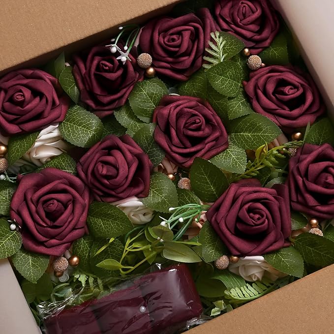 DORIS HOME Wedding Chair Decorations Burgundy Pew Flowers Set of 10 for Wedding Ceremony Party Aisle Decor with Artificial Flowers Eucalyptus and Ribbons
