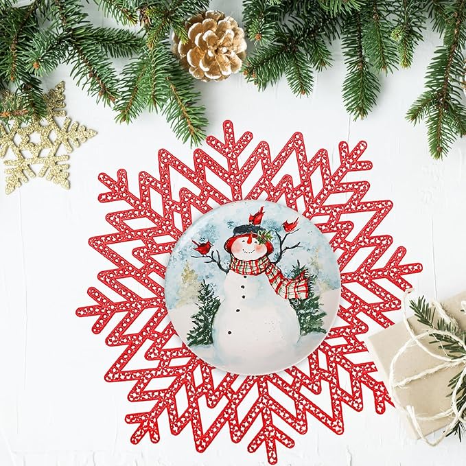 Snowflake Placemats Set of 6, Washable Christmas Placemats Snowflake Tablemats Hollow Out Round Vinyl Place Mats for Dining Table Setting Kitchen Table Mats Christmas Decoration(Red Snowflake)
