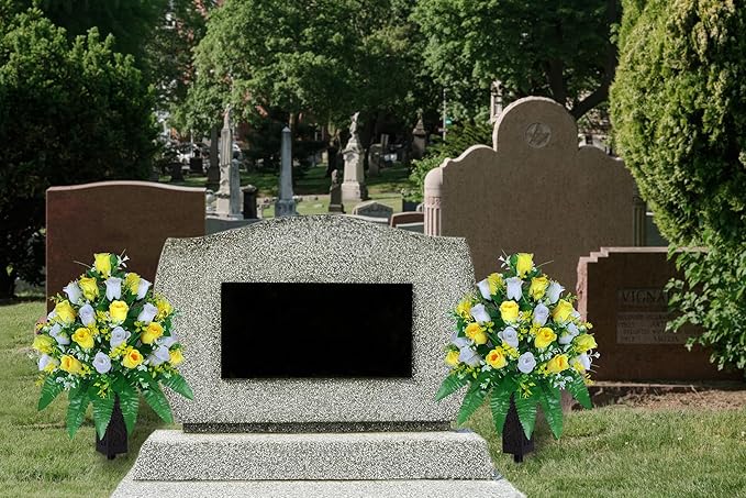 Artificial Cemetery Flowers, Gravesite Decoration Roses, Memorial Bouquets with Cemetery Vase, Vibrant and Long-Lasting Colors (Yellow+White, 2 Bundles)