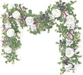 2Pcs 5.9 Ft Artificial Rose Vine Fake Flower Garland White Rose Hydrangea Vines with 3D Butterflies Hanging Floral Eucalyptus Garland for Wedding Party Background Arch Table Wall Home Decor