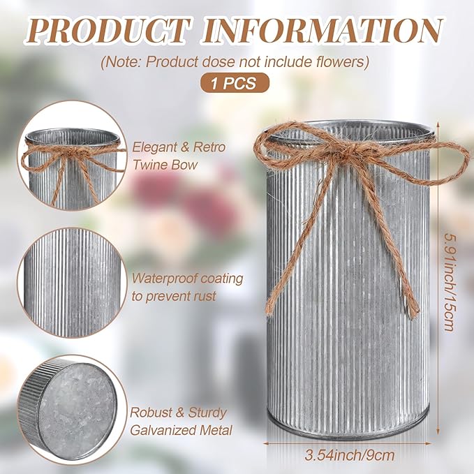 Domensi 5.91 in High Farmhouse Vase Decor Galvanized Metal Flower Vase with Twine Bow Vintage Rustic Tin Flower Buckets for Artificial Floral Table Container DIY(Iron Color,1 Pcs)