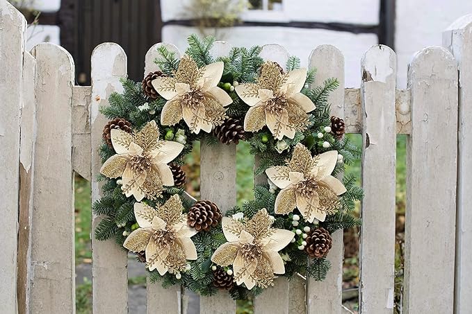 RECUTMS Christmas Tree Ornaments 10Pcs Glitter Poinsettia,Artificial Poinsettia Flowers Xmas Tree Ornaments 6" Wide for Xmas Tree Wreaths Garland Holiday Seasonal Wedding Decorations(Gold)