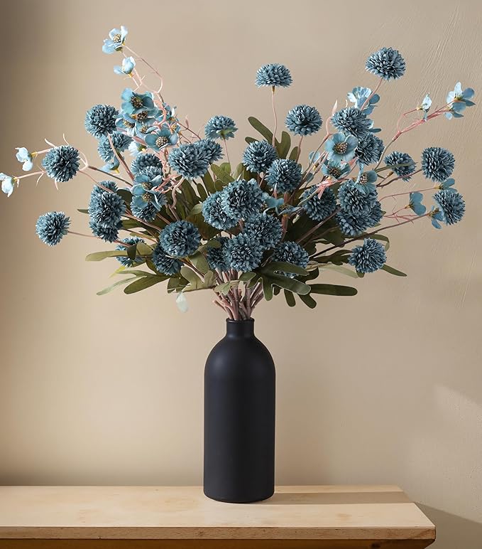 HyeFlora Fake Kiku Flowers,Faux Silk Pompon Mums 40heads Artificial Flowers,Chrysanthemum Stems Floral Arrangement Dried Flowers Vintage Decorative Indoor Home Vase Decor Blue with Wax