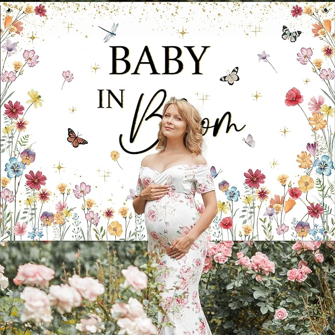 Avezano Wildflower Baby in Bloom Backdrop Banner Wildflower Baby Shower Party Decorations for Girls Gold Glitter Butterfly Spring Floral Newborn Party Supplies (7x5ft)
