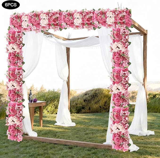 Flower Wall Panel Backdrop, 6pcs 20 X 8 Inch Artificial Floral Panels, Dahlia + Peony + Rose, 3D Fake Silk Flower Backdrop for Wedding Party Dining Table Centerpiece Decorations (Purple and Pink)