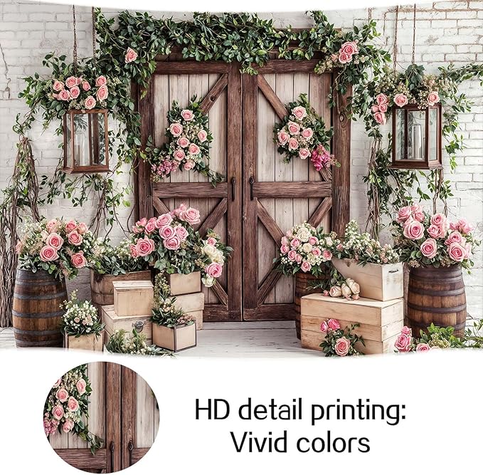 6x6ft Country Wedding Photography Backdrop Floral Rustic Roses Farmhouse Wooden Door Backdrop Pink Flower Birthday Baby Shower Wedding Bridal Party Banner Photo Booth Props Anniversary Background
