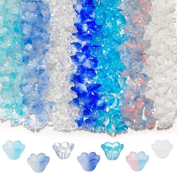 LadayPoa 350pcs Glass Bellflower Beads for Jewelry Making Trumpet Flower Beads Gradient Clear Cute Bead for Bracelets Making Aesthetic Bead Charms for DIY Necklace Decoration-Blue Series