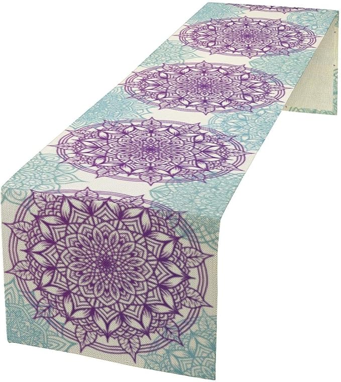 Boho Mandala Table Runner, Purple Blue Bohemian Floral Table Decor Runner for Kitchen Dining Indoor Outdoor Party Decoration, 13x36 Inch