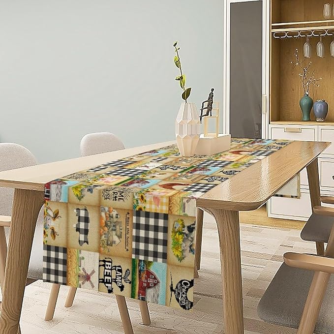 Farmhouse Animals Table Runner,Rustic Cabin Pig Chicken Cow Sunflowers Geometric Grids Burlap for Hotel Indoors Outdoor Dining Room Kitchen Holiday Party, 13x90in