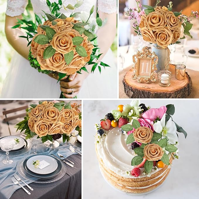 AmyHomie Artificial Flower Gold Rose 25pcs Real Looking Fake Roses w/Stem for DIY Wedding Bouquets Centerpieces Arrangements Party Baby Shower Valentines Day Christmas Tree Decorations