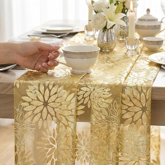 Artoid Mode Yellow Gold Dahlia Flower Gauze Table Runner 120 Inch 10FT, Glitter Metallic Foil Sheer Cheesecloth Dining Holiday Table Decor for Home Party