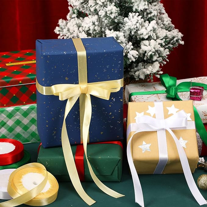 DECYOOL 4 Rolls 100 Yards Christmas Satin Ribbons 15mm Wide Holiday Craft Ribbons for Gift Wrapping and Xmas Decoration, Red & Green & Gold & White