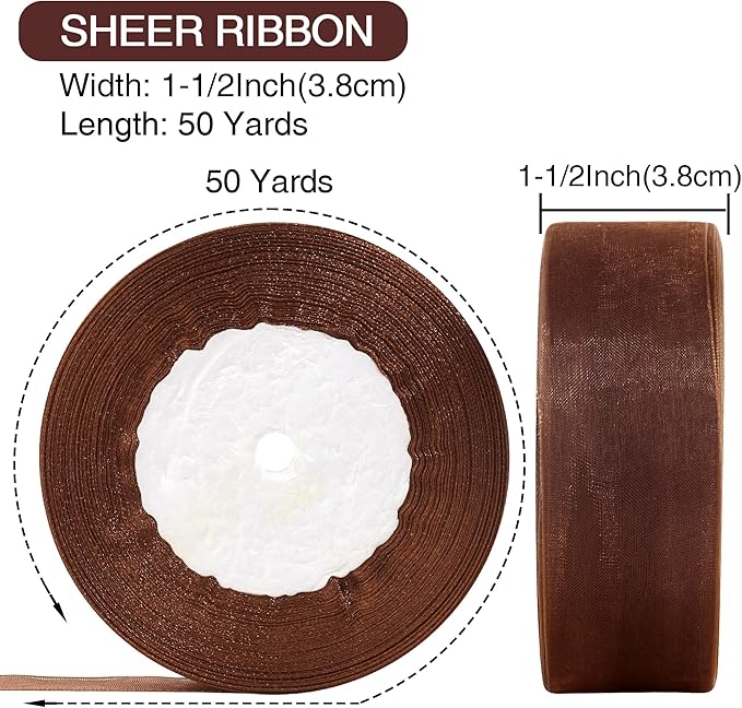 1-1/2 Inch x 50 Yards Sheer Organza Ribbon Chiffon Ribbon for Gift Wedding Flower Bouquet Wrapping Decorations Crafts (Brown)
