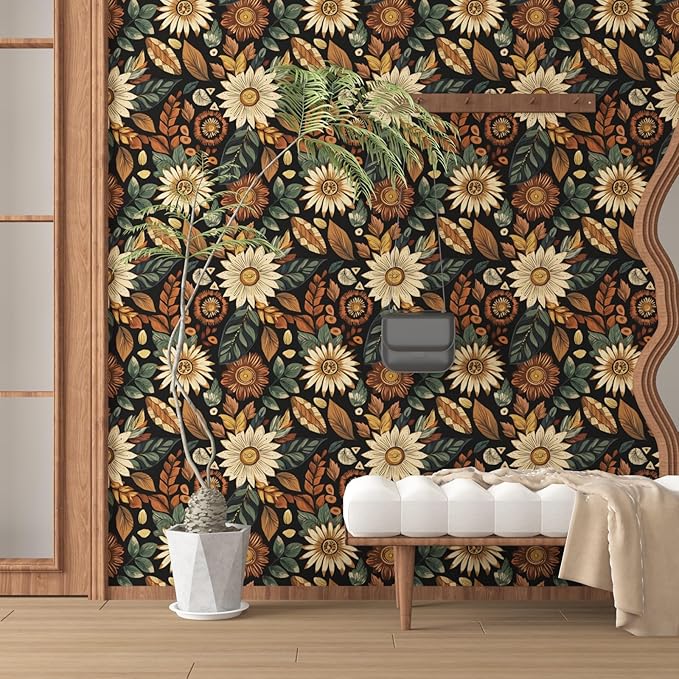 Boho Wallpaper Peel and Stick,Vintage Black Brown/Green Floral Contact Paper 17.5" x 118", Retro Flower Botanical Wall Paper Self Adhesive Removable Waterproof for Walls Shelves Cabinet Table Decor