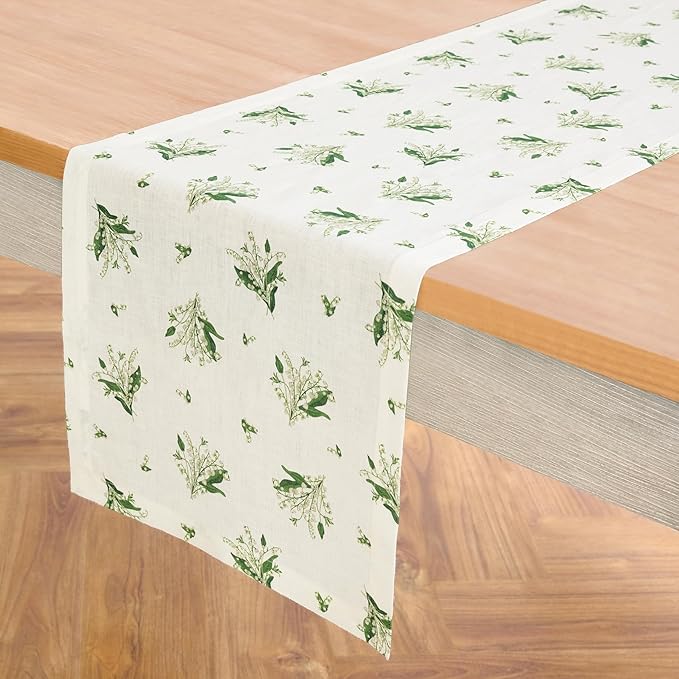 Solino Home Lily Floral Print Table Runner 90 Inches Long - 100% Pure Linen Table Runner 14 x 90 Inch - Lily of The Valley/Off White Print