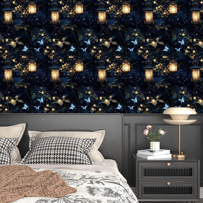 Dark Wallpaper Peel and Stick Night Forest Contact Paper Vintage Green Leaf Wall Paper Vinyl Waterproof Self Adhesive Retro Lantern Butterfly Walls Mural for Bedroom Cabinet Table Décor17.5" x 118"