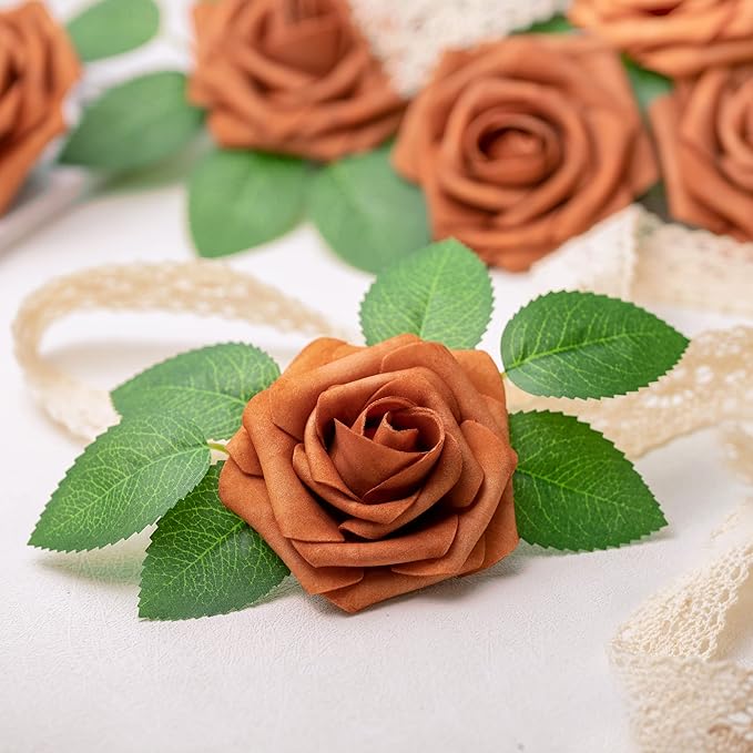 Mocoosy 50Pcs Burnt Orange Artificial Rose Flowers, Terracotta Fake Rose for Decorations, Real Touch Rust Foam Rose Bulk with Stem Wedding Floral Arrangement Bridal Shower Rustic Party Home Decor