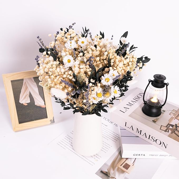 Handmade Dried Flower Bouquet – Natural White, Lavender, Baby’s Breath, Pampas Grass & Eucalyptus – Rustic Boho Style for Home Decor, Weddings, Gifts, and Events