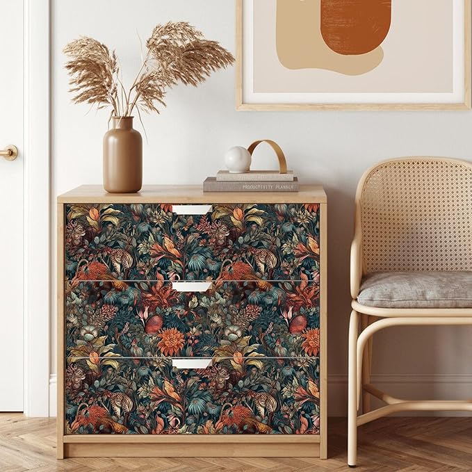 Vintage Floral Peel and Stick Wallpaper Mysterious Animal Forest Self Adhesive Removable Easy Peel Off Stick on Wall Paper for Bedroom Cabinet Renter Friendly 17.71"*118.1"