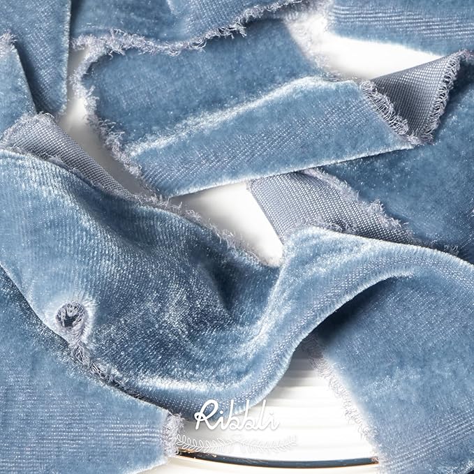 Ribbli Dusty Blue Velvet Ribbon 1.5 Inch Handmade Frayed Vintage Christmas Ribbon for Gift Wrapping Christmas Tree Ornament Wreath Craft Home Decor -3 Yards