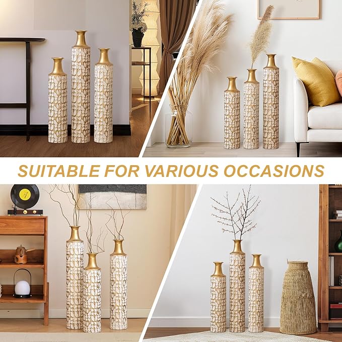 Floor Oversized Gold Metal Decorative Vase with 3D Triangle Pattern Set of 3 Large Vases for Home Living Room 33.5 ", 29.5 ", 25.2" High (Antique White)