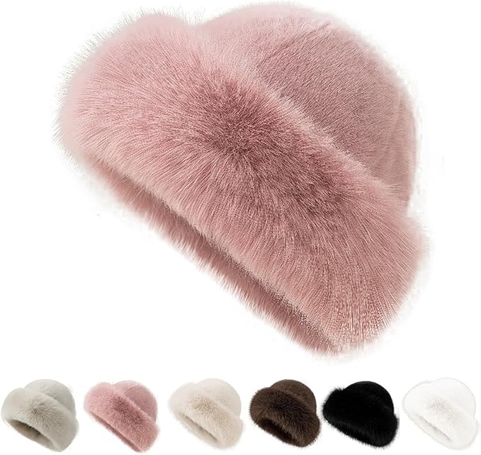 Womens Winter Faux Fur Bucket Hat, Fluffy Fisherman Fuzzy Bucket Hat
