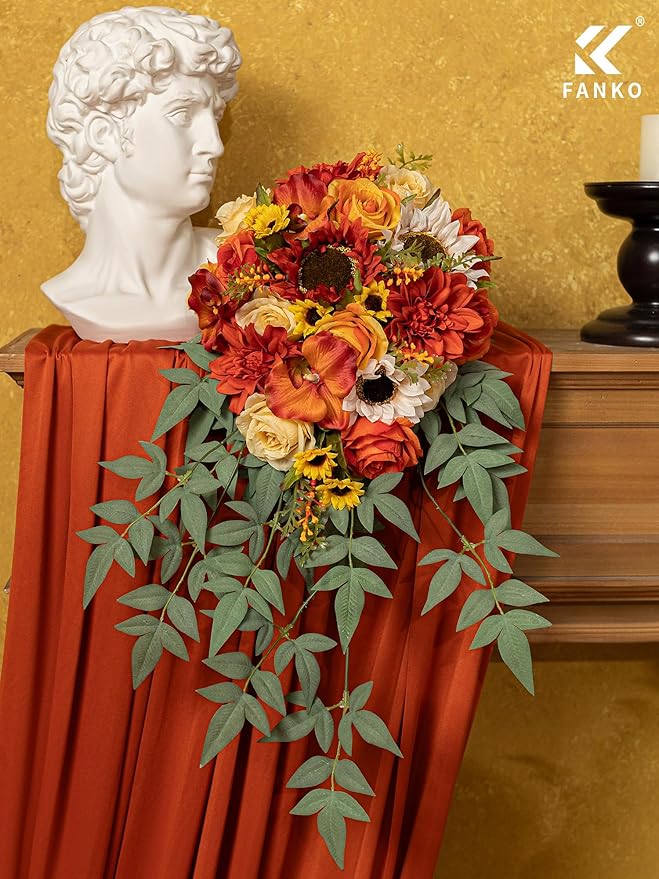 FANKO Artificial Flowers Burnt Orange Rose, Mixed Fake Silk Flowers Combo Champagne Yellow Rose Orange Sunflower Orange Dahlia Vintage Autumn for DIY Wedding Bridal Bouquets, Home Decor