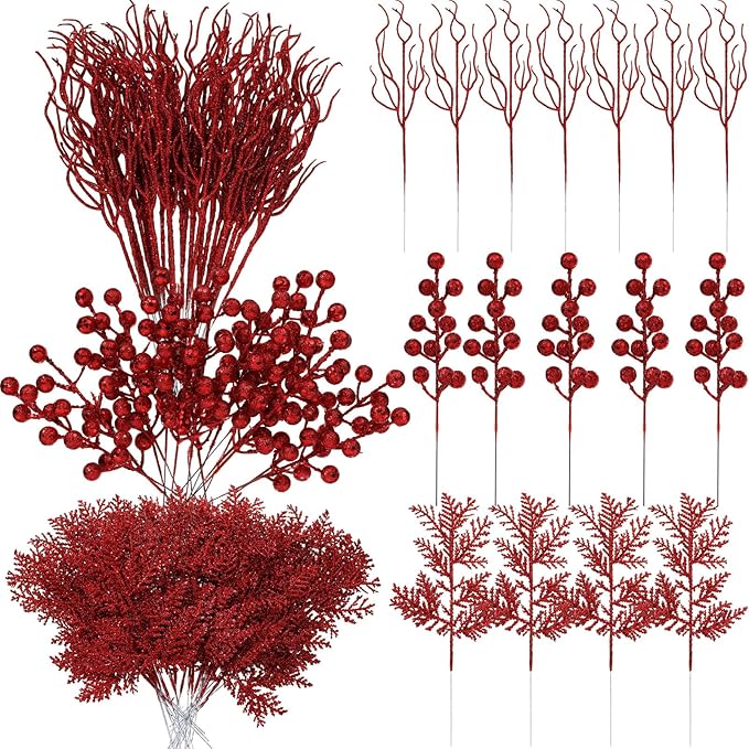 75 Pcs Christmas Glitter Branches 3 Styles Artificial Christmas Picks Berries Stems Pine Needles Floral Twig Spray for Xmas Tree Ornaments DIY Wreath Garland(Red)