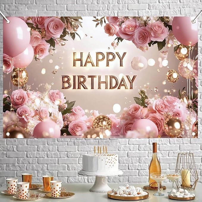 Pink Rose Happy Birthday Backdrop Banner Gold Letters Floral Photography Background Girls Birthday Party Decorations Elegant Party Supplies Photo Booth Props 71x43 Inch