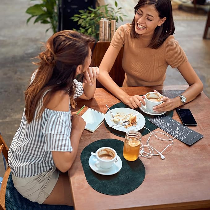 ADRIMER Placemats, Heat Resistant Oval Placemats Set of 4 Washable 12 x 17 Inch, Waterproof Table Mats, Wipeable Pu Place Mats for Kitchen, Dining Room, Dark Blue